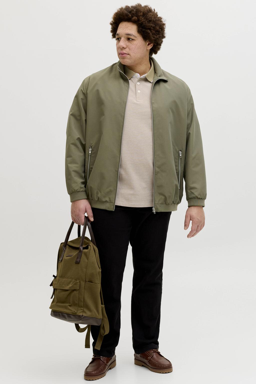 Beige heren JACK & JONES PLUS SIZE regular polo Plus Size van katoen met melée print, korte mouwen, knoopsluiting en pique