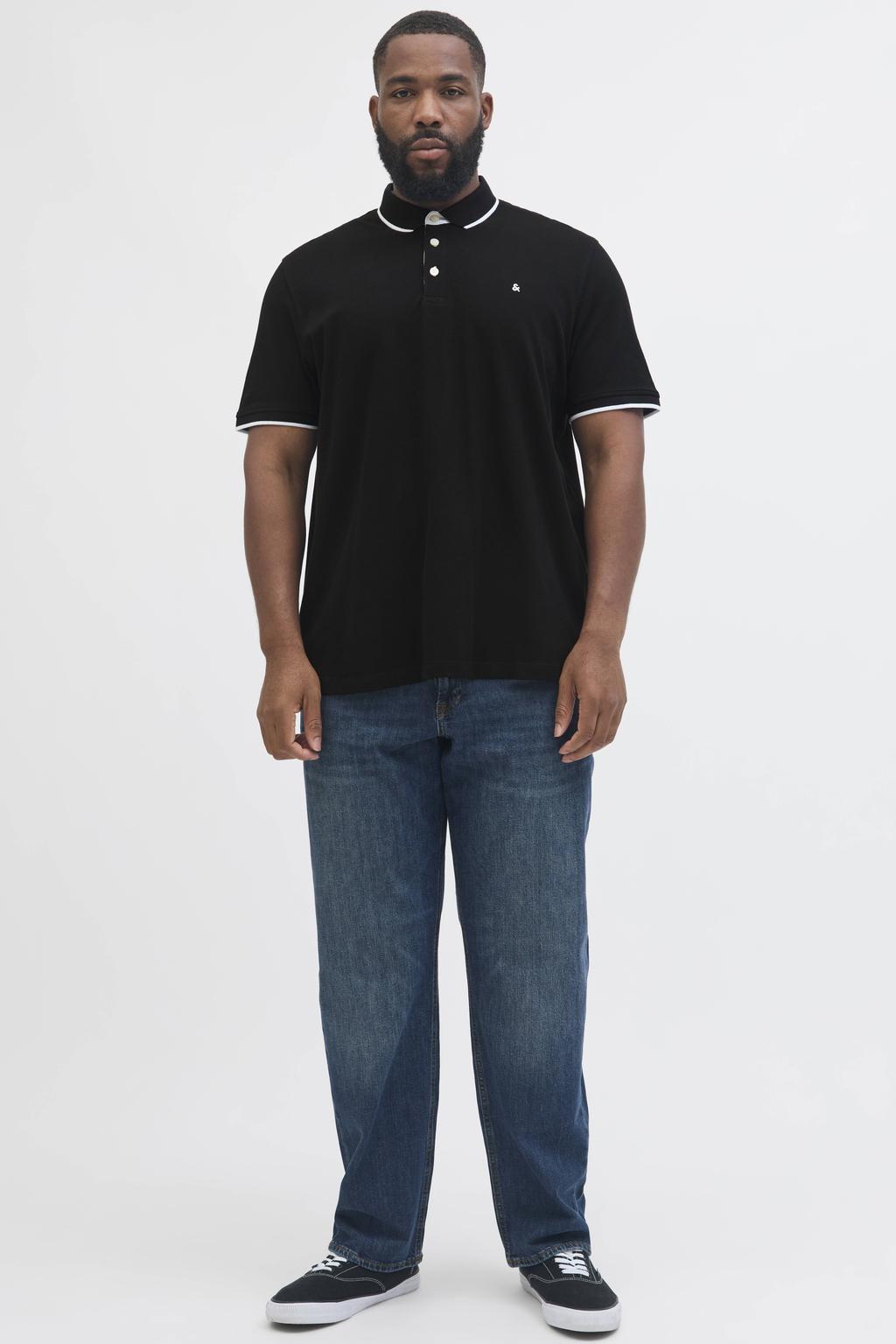 Zwarte heren JACK & JONES PLUS SIZE regular polo Plus Size van katoen met effen, korte mouwen, knoopsluiting en pique
