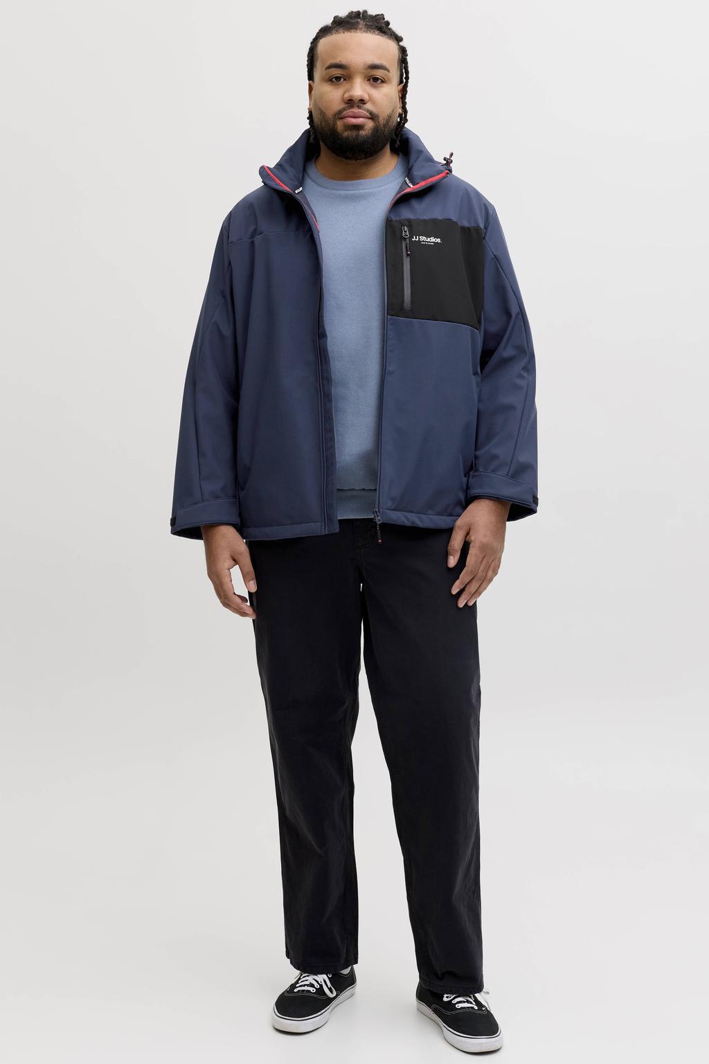 Donkerblauwe heren JACK & JONES PLUS SIZE softshell jas Plus Size met effen, lange mouwen, capuchon en ritssluiting