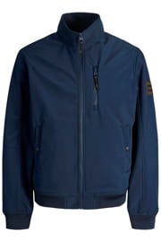 thumbnail: Donkerblauwe heren JACK & JONES PLUS SIZE bomberjack Plus Size van softshell materiaal met effen, lange mouwen, opstaande kraag, ritssluiting en geribde boorden