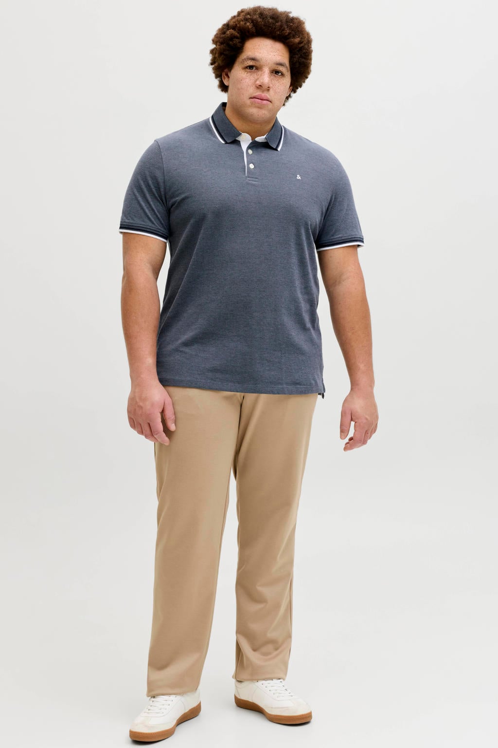Blauwe heren JACK & JONES PLUS SIZE regular polo Plus Size van katoen met melée print, korte mouwen, knoopsluiting en pique