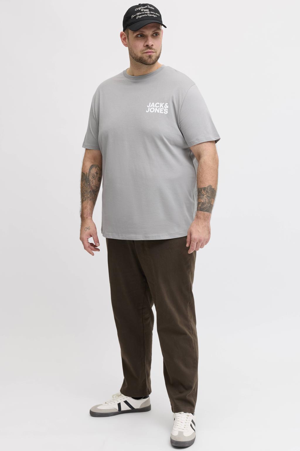 Grijze heren JACK & JONES PLUS SIZE regular T-shirt Plus Size van katoen met logo dessin en korte mouwen