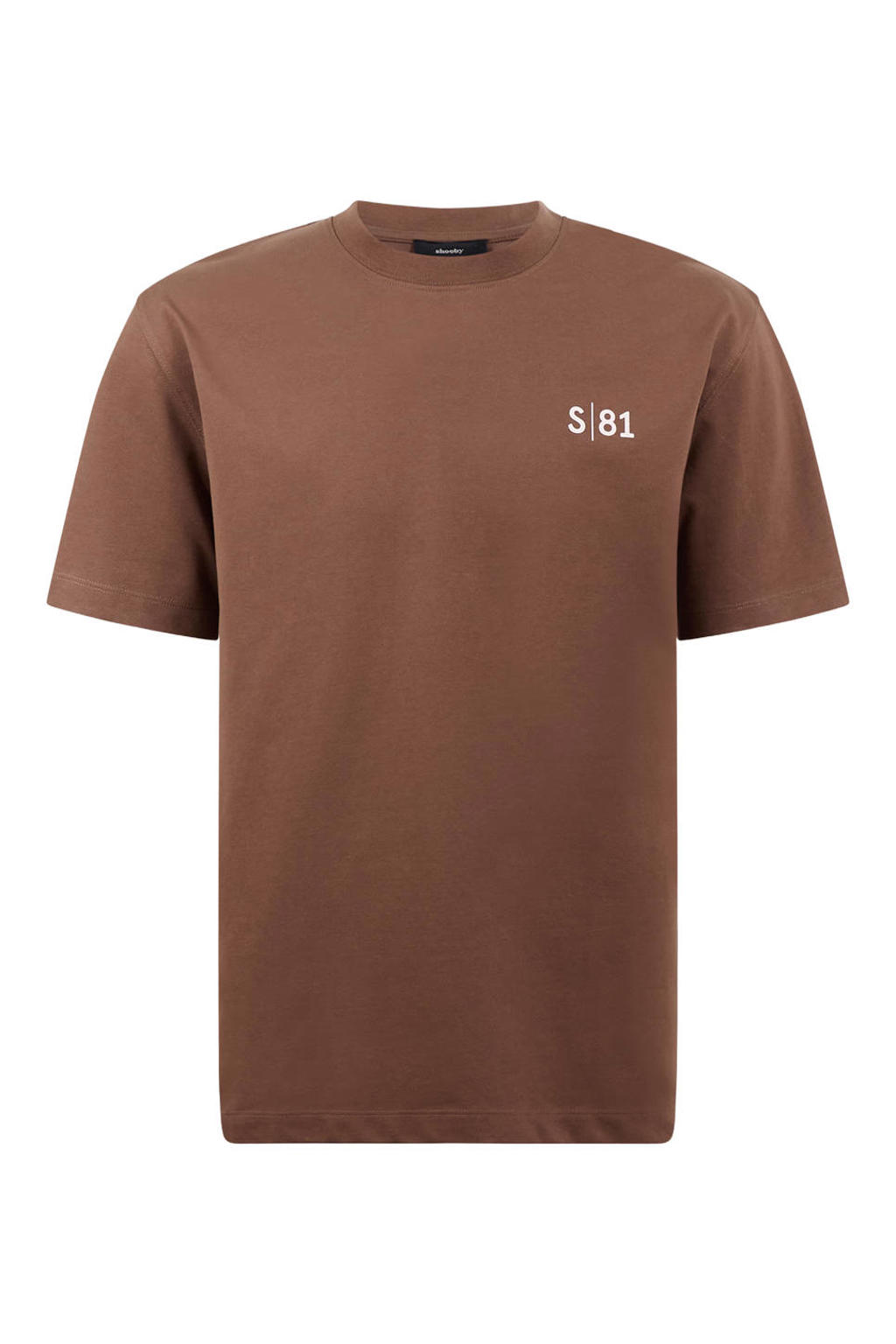 Bruine heren Shoeby regular T-shirt van katoen met effen, korte mouwen en ronde hals