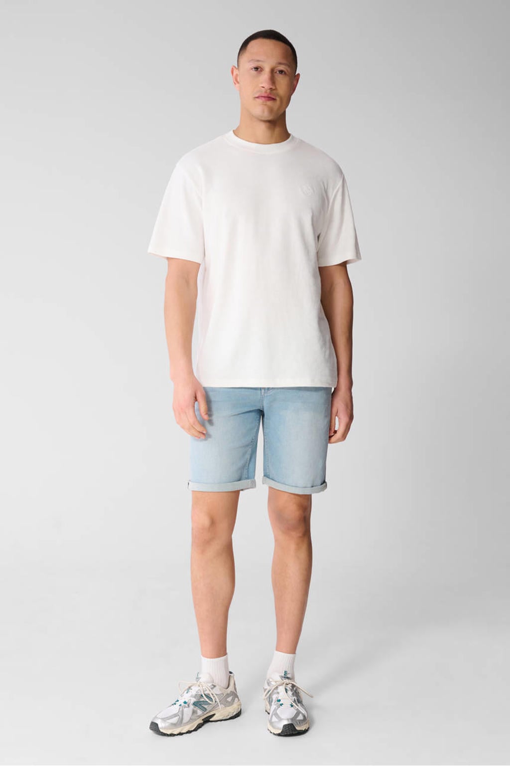 Ecru heren Shoeby regular T-shirt van katoen met effen, korte mouwen en ronde hals