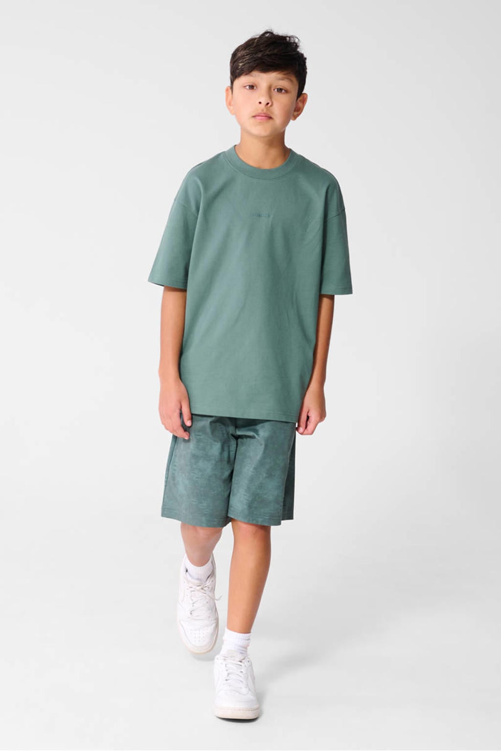 Groene jongens Shoeby T-shirt van katoen met effen, korte mouwen en ronde hals