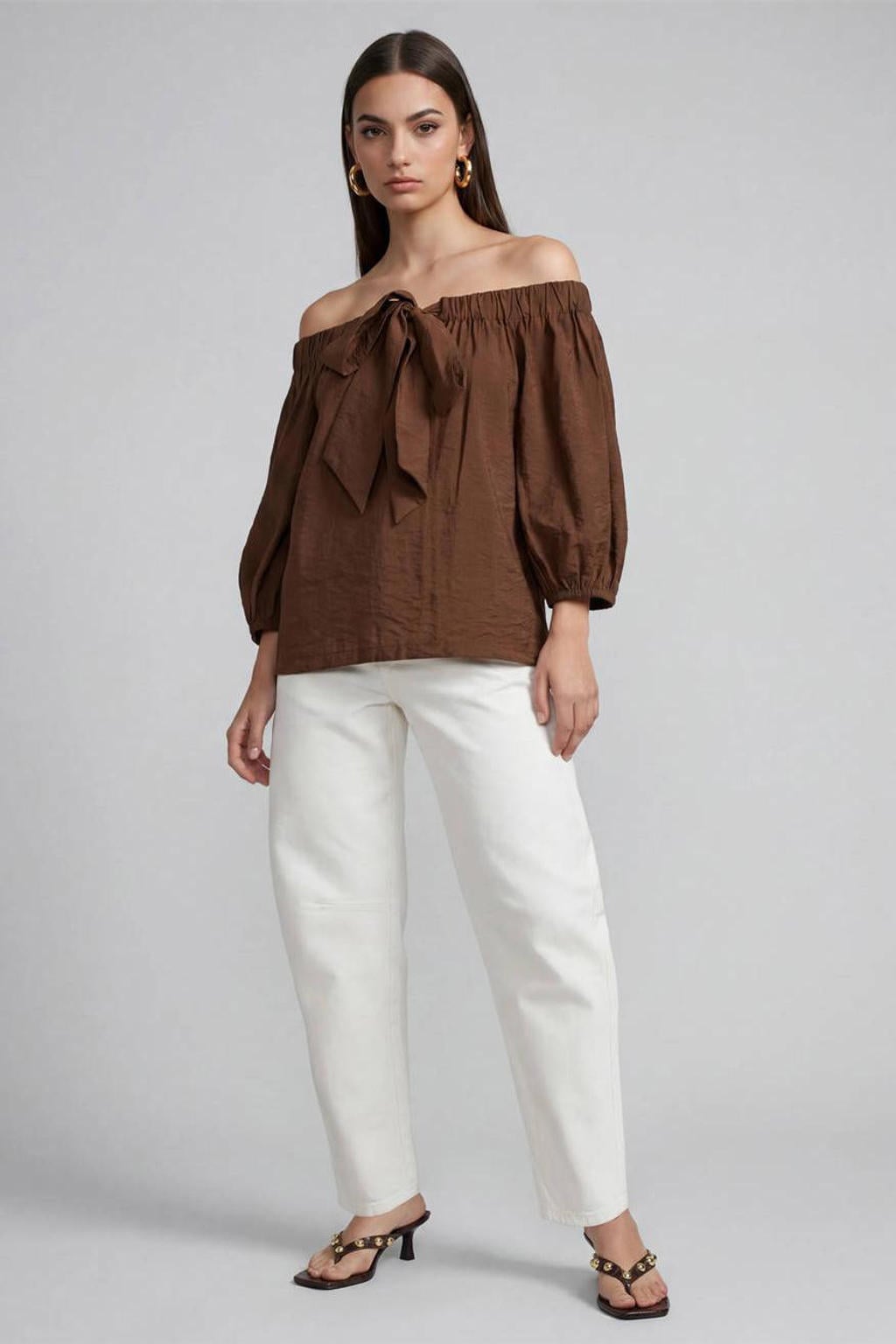 Donkerblauwe dames Shoeby off shoulder top van viscose met driekwart mouwen, striksluiting en rijgdetail