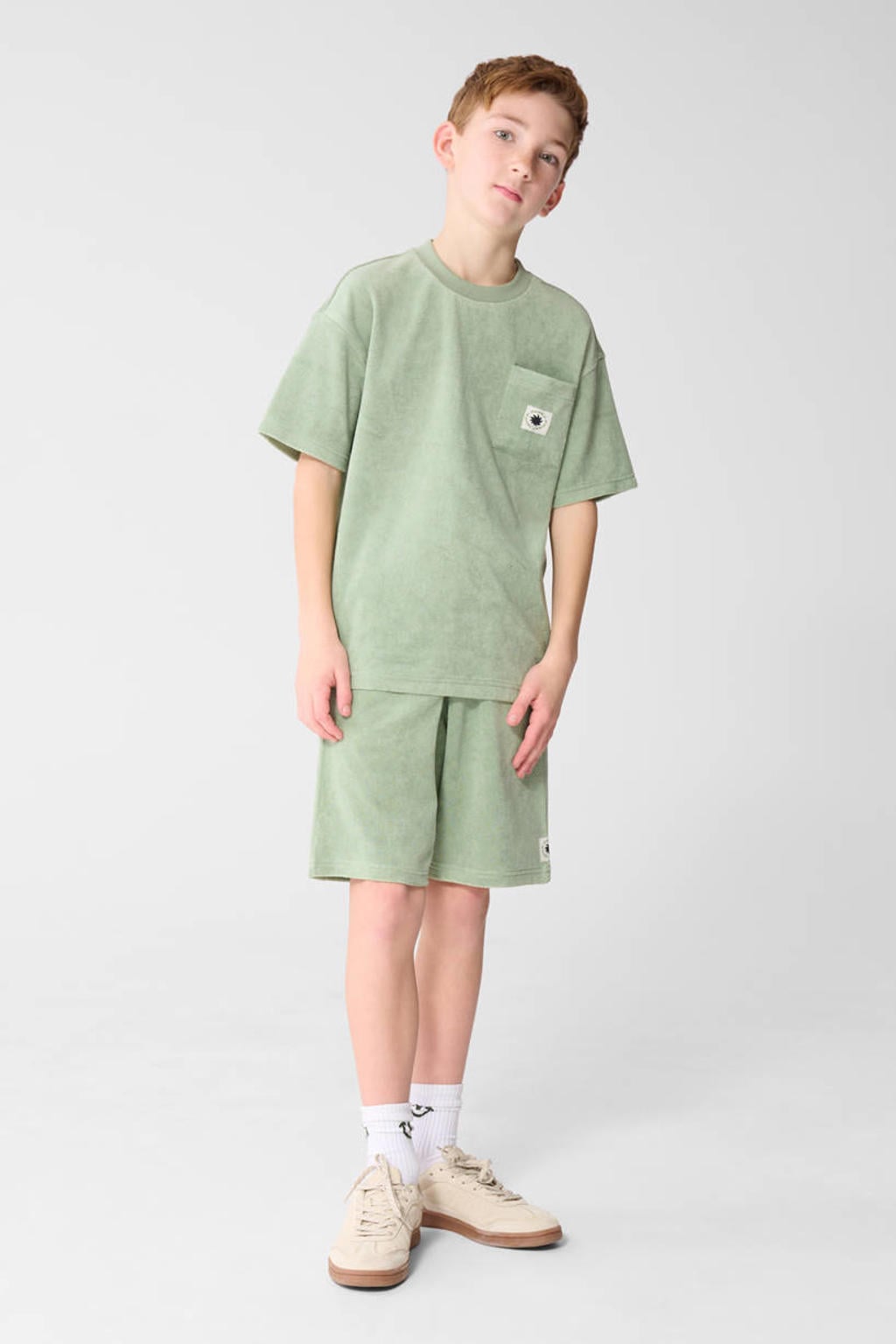 Lichtgroene jongens Shoeby T-shirt van katoen met effen, korte mouwen, ronde hals en textuur