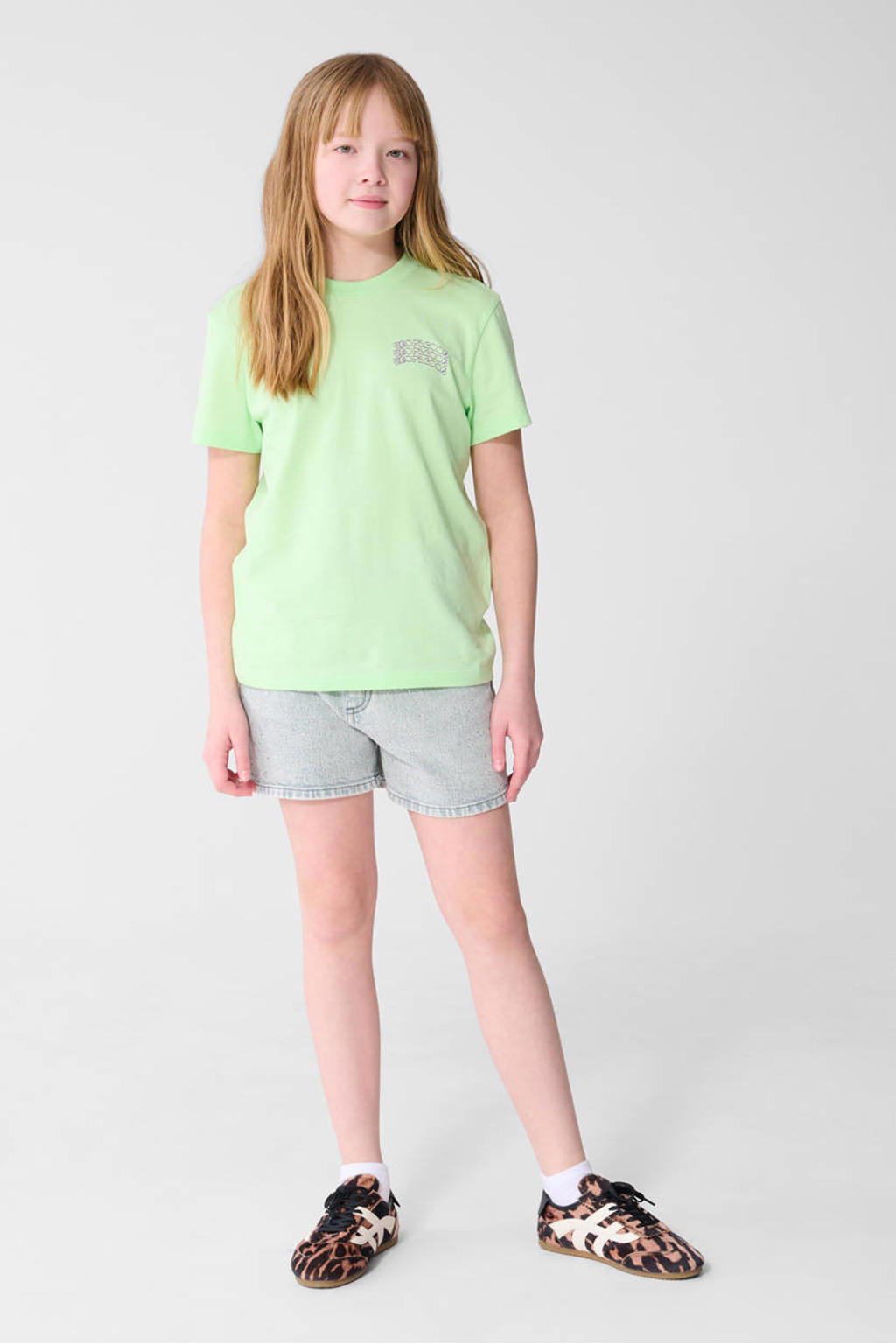 Lichtgroene meisjes Shoeby T-shirt van katoen met printopdruk, korte mouwen en ronde hals