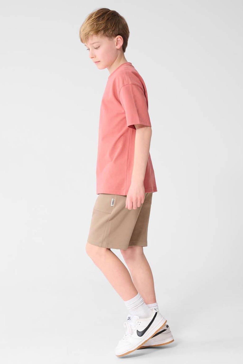 Taupe jongens Shoeby regular waist sweatshort van katoen met elastische tailleband met koord en effen
