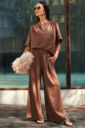 wide leg high waist broek met glitter bruin