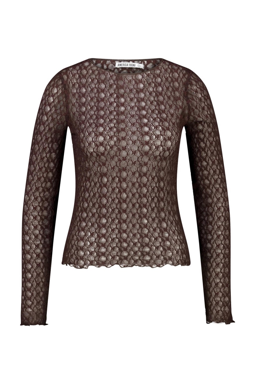 Donkerblauwe dames America Today top van polyester met effen, lange mouwen, ronde hals en kant