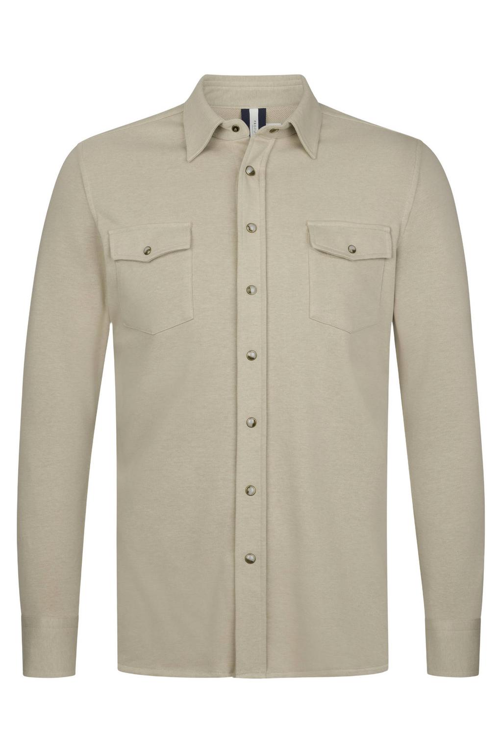 Beige heren Profuomo overshirt van sweat materiaal met effen, lange mouwen, klassieke kraag en drukknoopsluiting