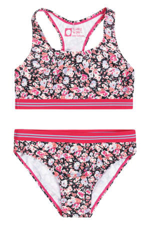 polyester gebloemde bikini donkerblauw/roze