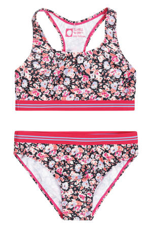 polyester gebloemde bikini donkerblauw/roze