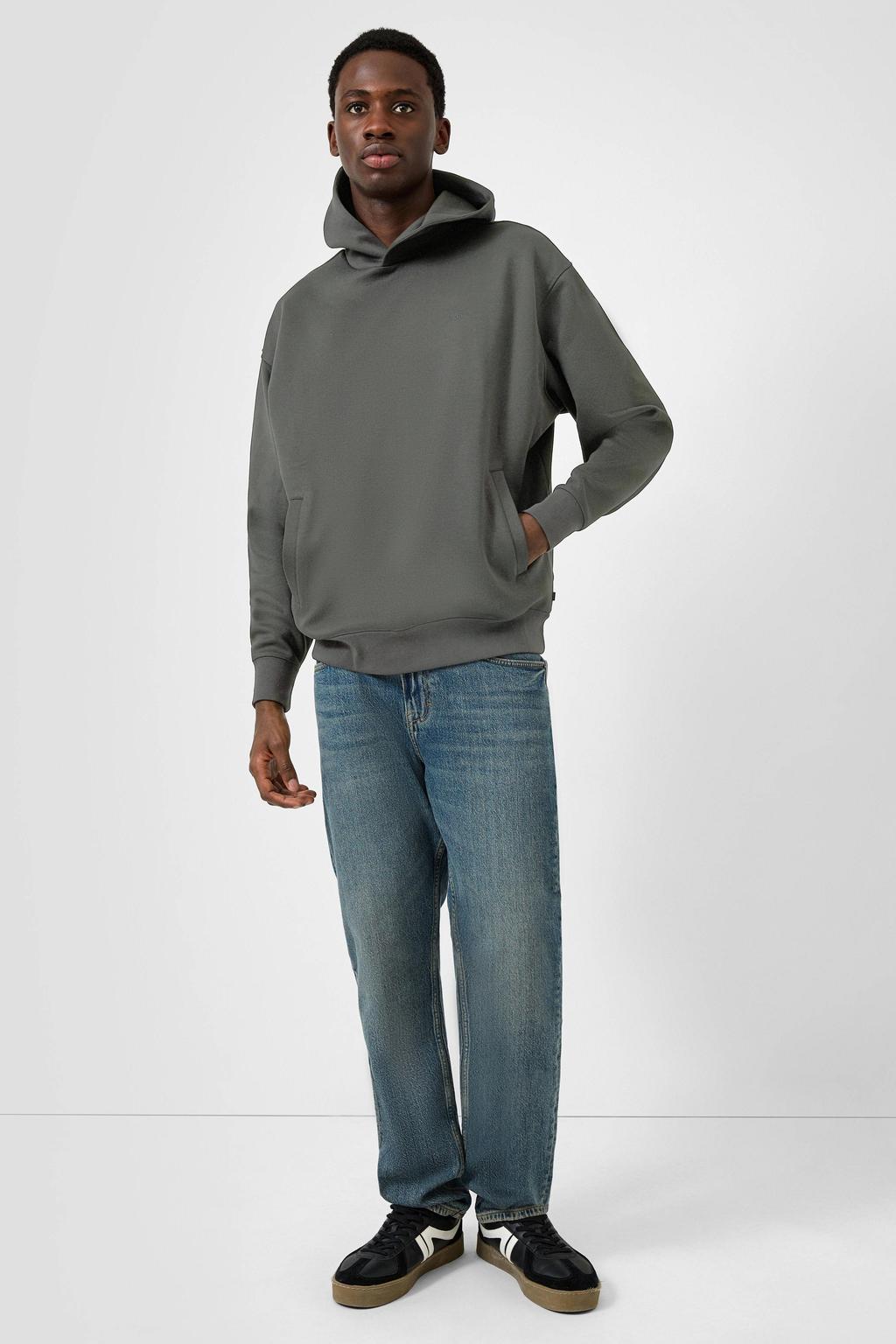 Grijze heren QS hoodie van sweat materiaal met effen, lange mouwen en capuchon