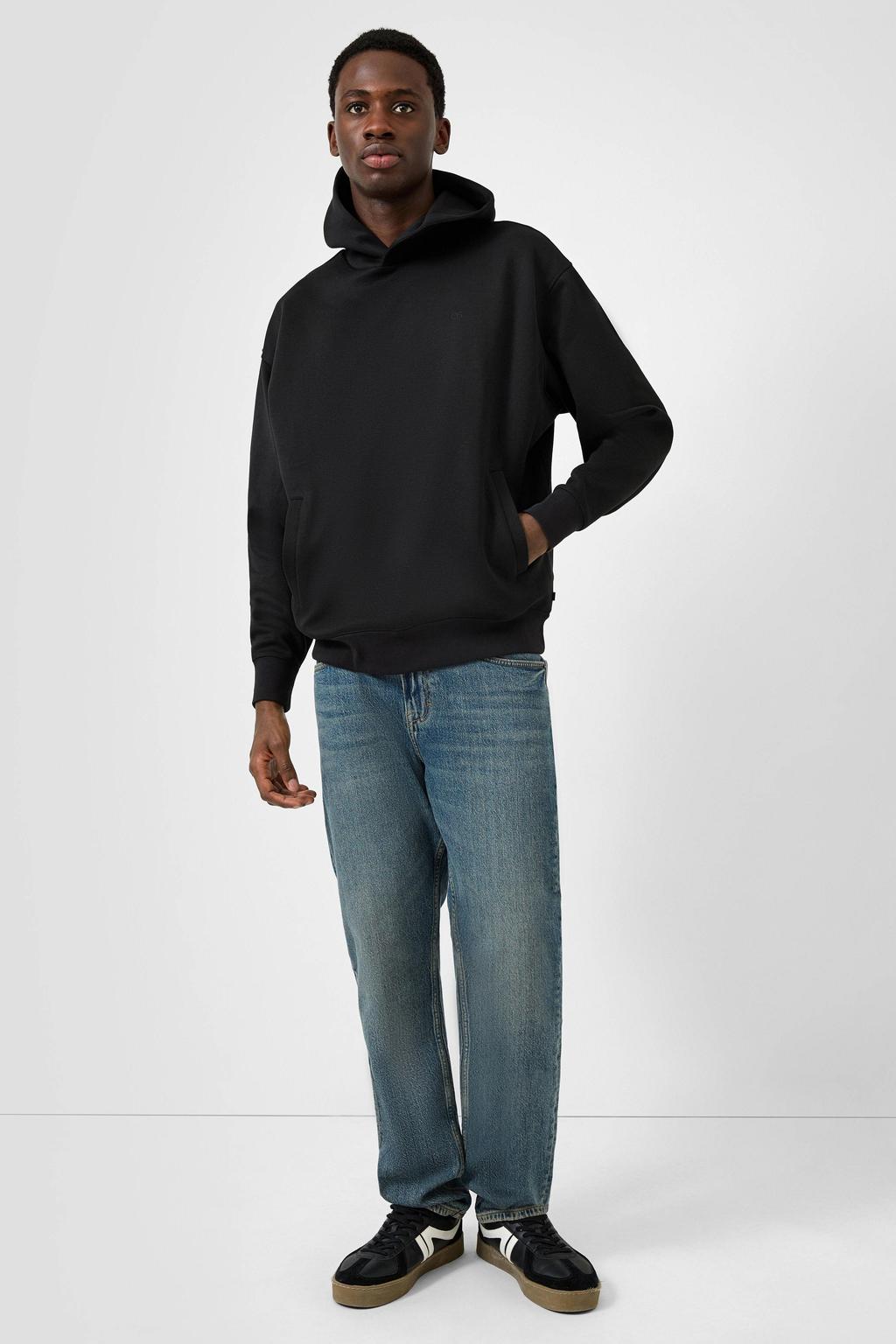 Zwarte heren QS hoodie van sweat materiaal met effen, lange mouwen en capuchon
