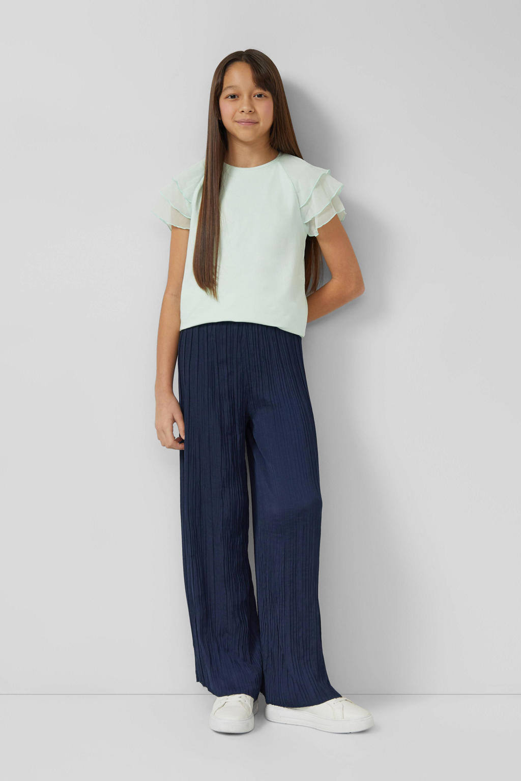 Donkerblauwe meisjes s.Oliver wide leg casual broek met high waist en effen