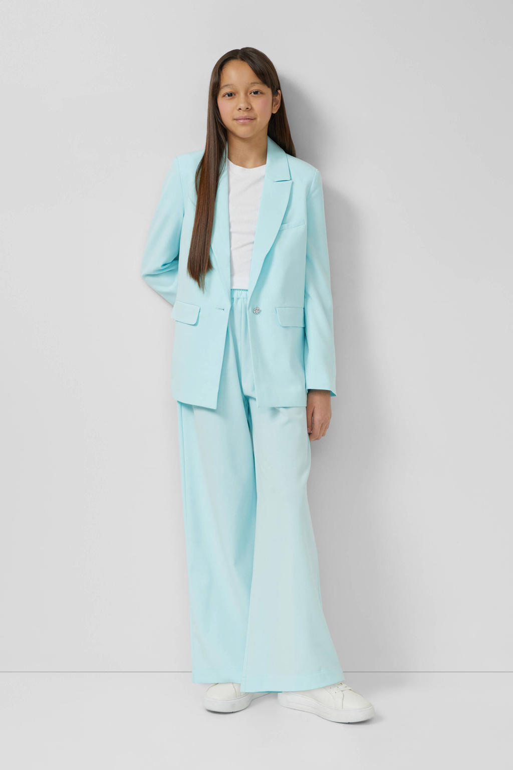 Blauwe meisjes s.Oliver wide leg casual broek met high waist en effen