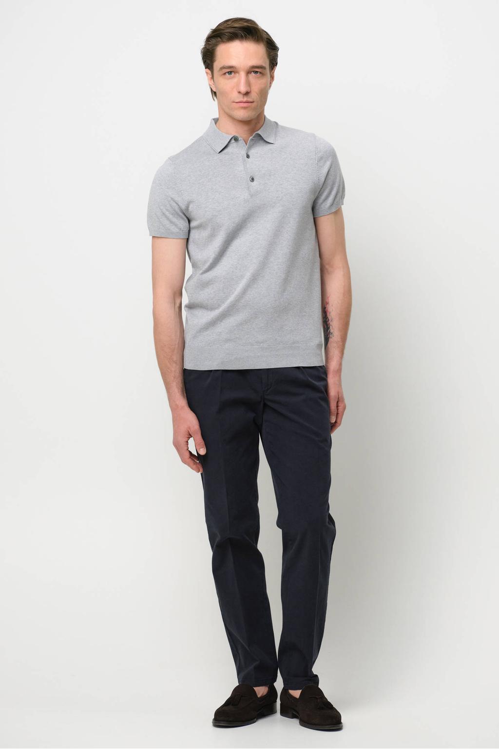 Grijze heren Profuomo zijden regular polo fijn gebreid met melée print en korte mouwen