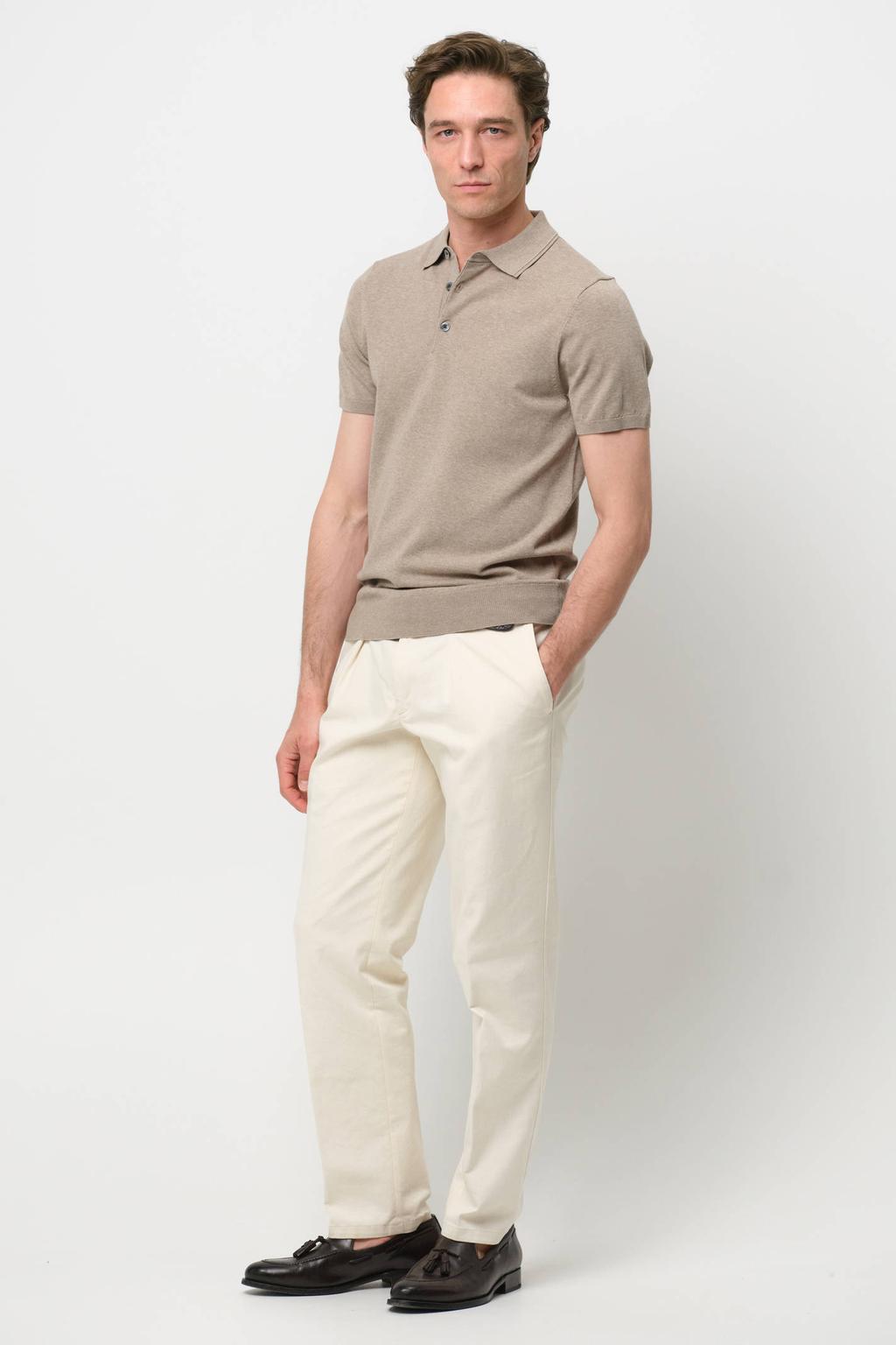 Beige heren Profuomo zijden regular polo fijn gebreid met melée print en korte mouwen