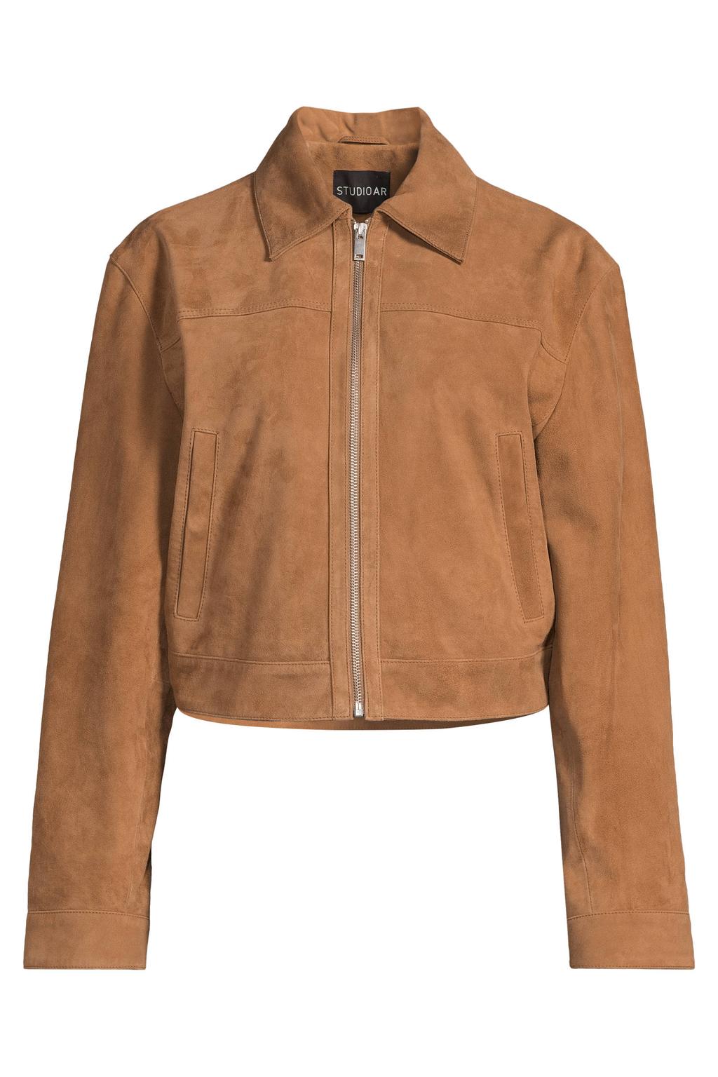 Camelkleurige dames Studio AR by ARMA suede jack met effen, lange mouwen, klassieke kraag en ritssluiting