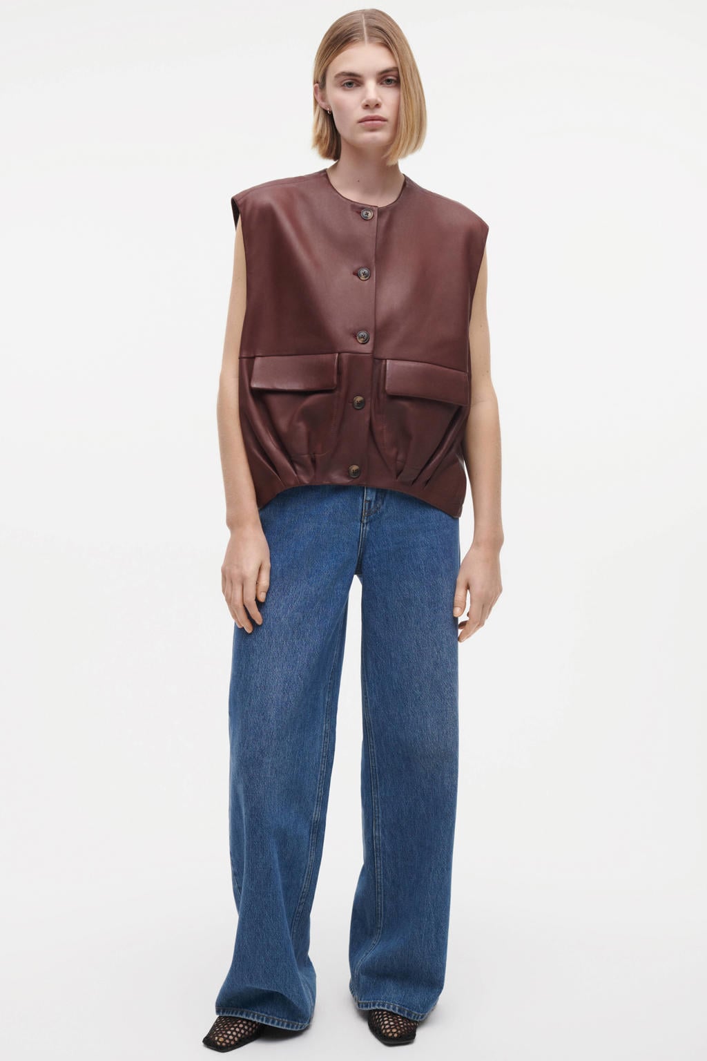 Donkerrode dames Studio AR by ARMA gilet van leer met effen, ronde hals en knoopsluiting
