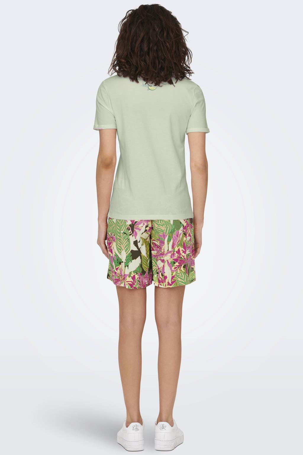 Lichtgroen en roze dames ONLY T-shirt van katoen met printopdruk, korte mouwen en ronde hals
