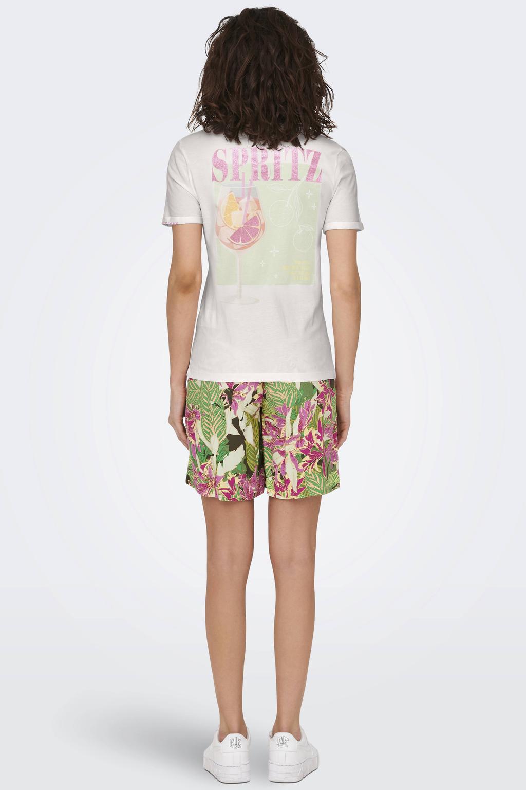 Ecru dames ONLY T-shirt van katoen met printopdruk, korte mouwen en ronde hals