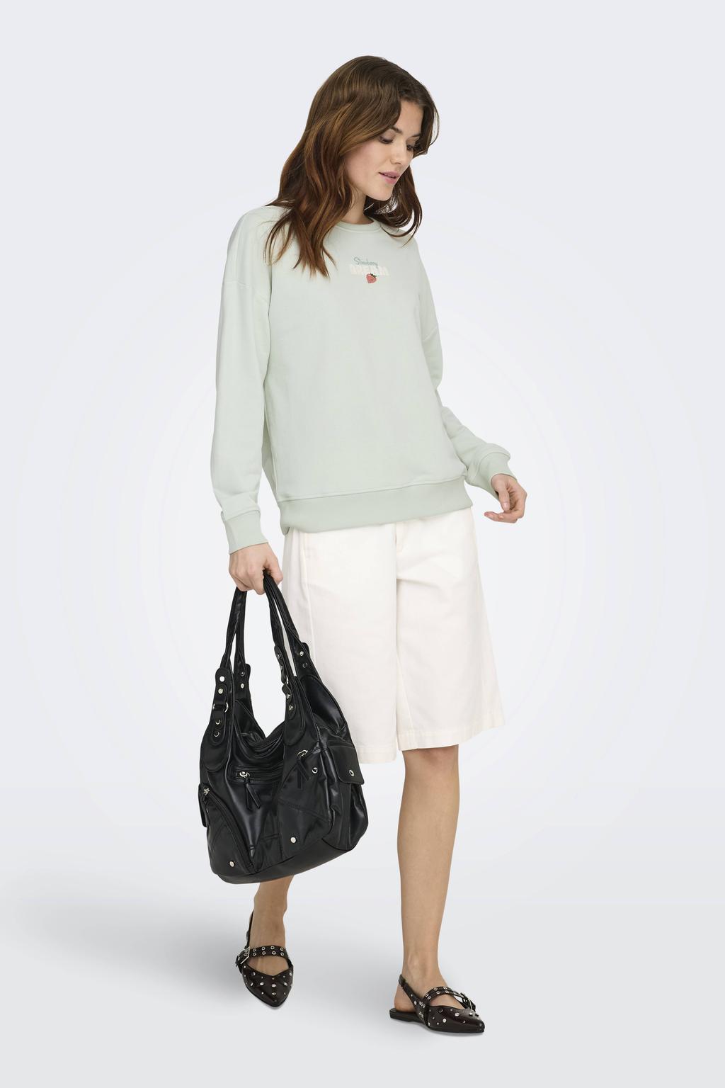 Lichtgroen en roze dames ONLY sweater van katoen met printopdruk, lange mouwen en ronde hals
