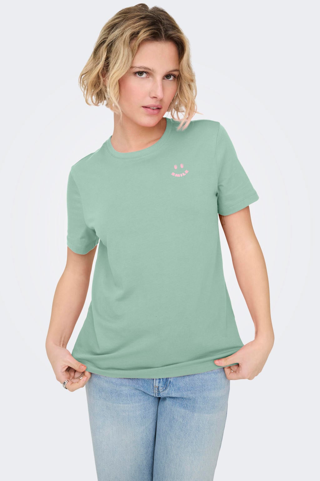 Groene dames ONLY T-shirt van katoen met backprint, korte mouwen en ronde hals