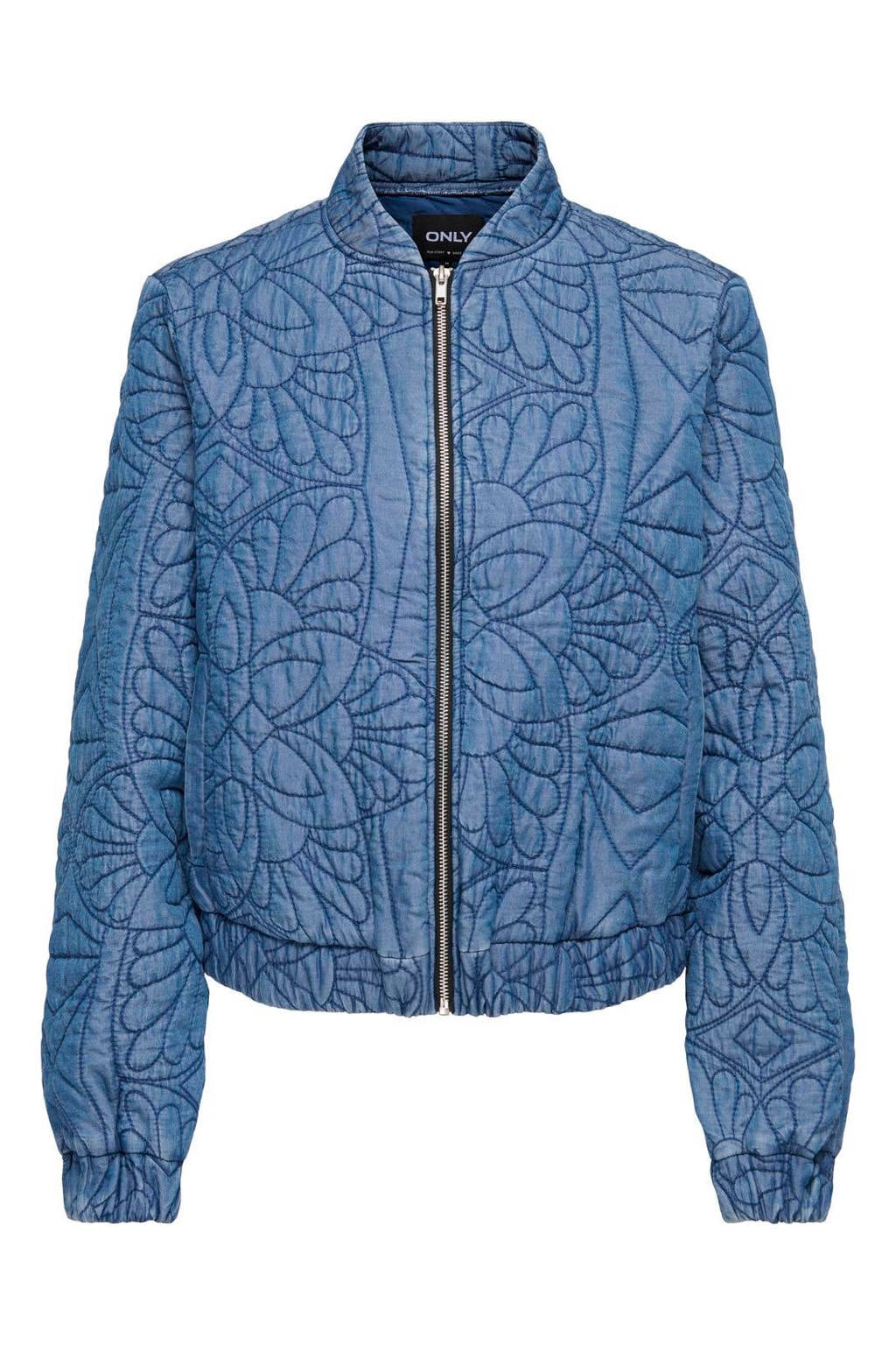 Medium blue denim dames ONLY bomberjack broderie van modal met bloemenprint, lange mouwen, opstaande kraag en ritssluiting