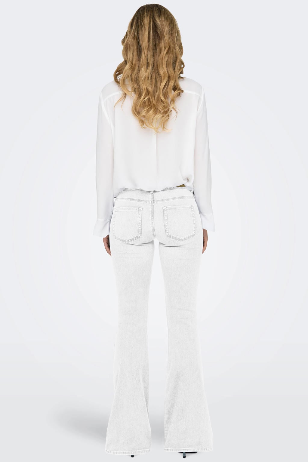 Ecru dames ONLY high waist flared jeans van denim met rits- en knoopsluiting en effen