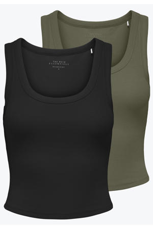 mouwloze cropped tank top zwart/groen (set van 2)