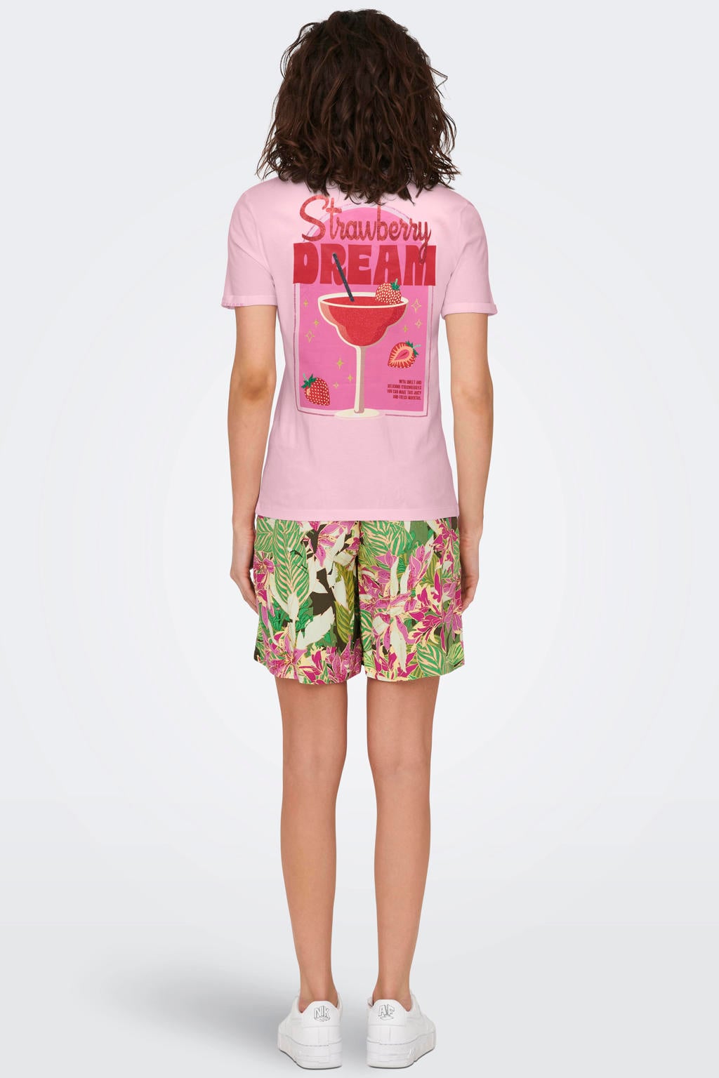 Lichtroze dames ONLY T-shirt van katoen met printopdruk, korte mouwen en ronde hals