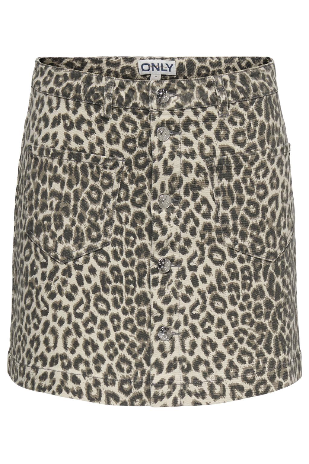 Bruin en beige dames ONLY mini rok met panterprint gemaakt van katoen en met knoopsluiting