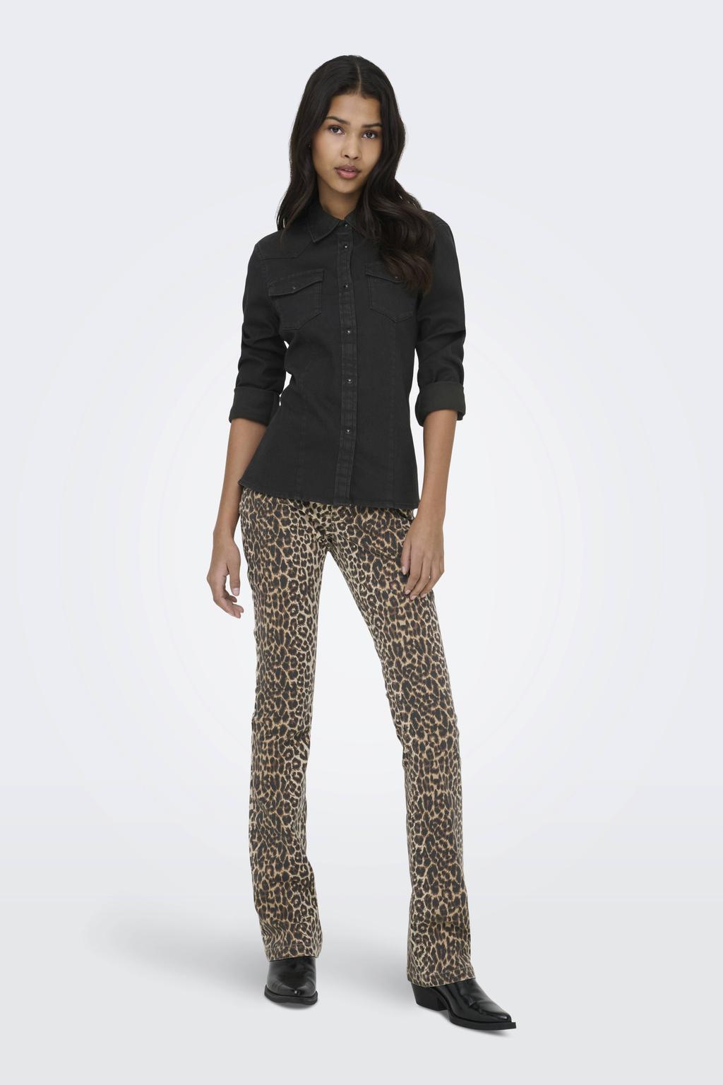 Black denim dames ONLY blouse black van katoen met effen, lange mouwen, klassieke kraag en knoopsluiting