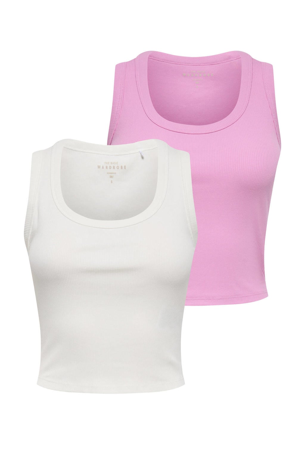 Set van 2 ecru en roze dames ONLY mouwloze cropped tank top met effen en ronde hals