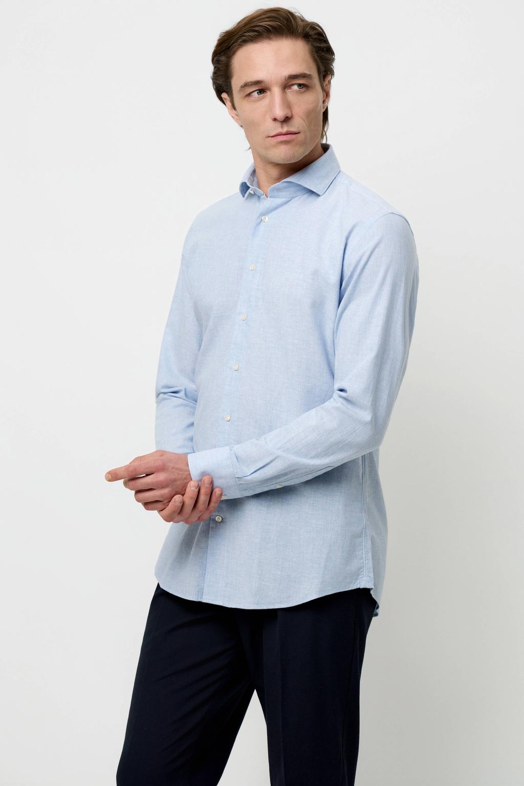 Lichtblauwe heren Profuomo slim casual overhemd met effen, lange mouwen en klassieke kraag