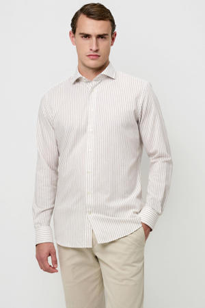 slim gestreepte casual overhemd met linnen beige