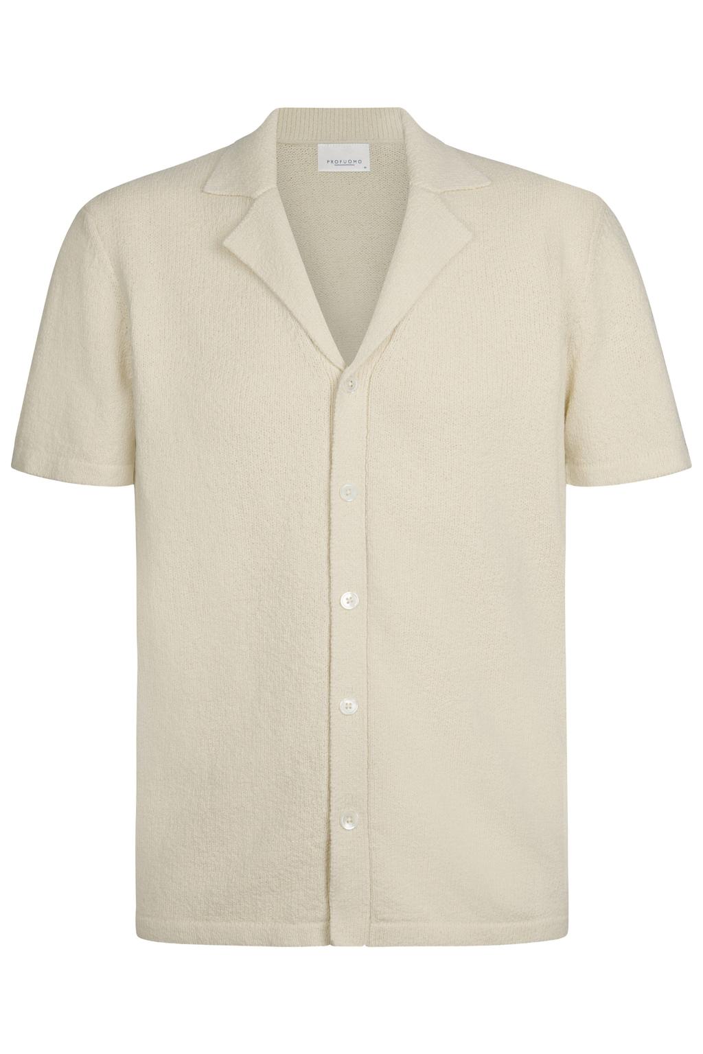 Ecru heren Profuomo regular casual overhemd fijn gebreid van badstof met effen, korte mouwen, reverskraag en knoopsluiting