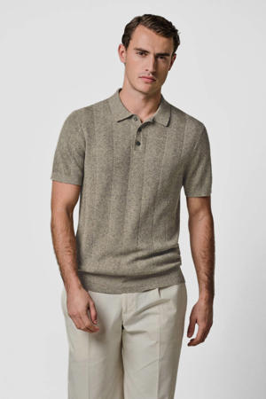 regular polo met linnen fijn gebreid beige