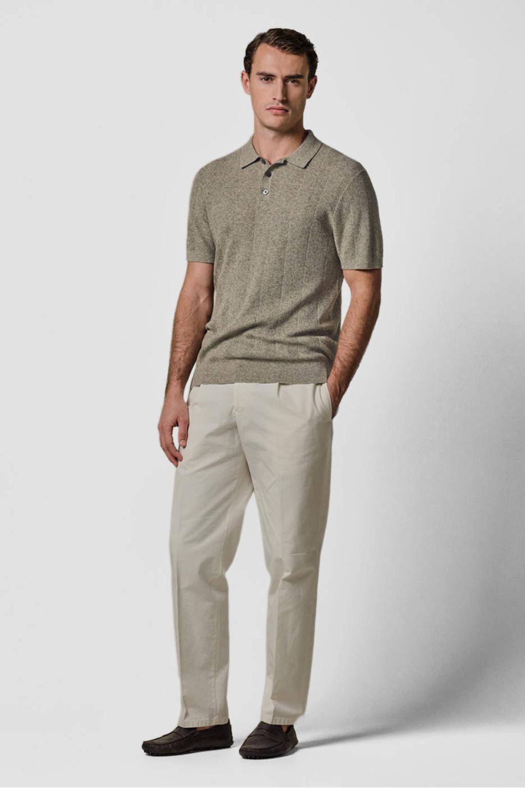Beige heren Profuomo regular polo fijn gebreid van linnen met melée print en korte mouwen