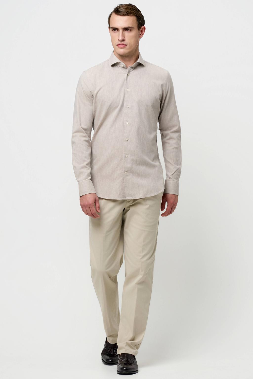 Beige heren Profuomo slim casual overhemd met effen, lange mouwen en klassieke kraag
