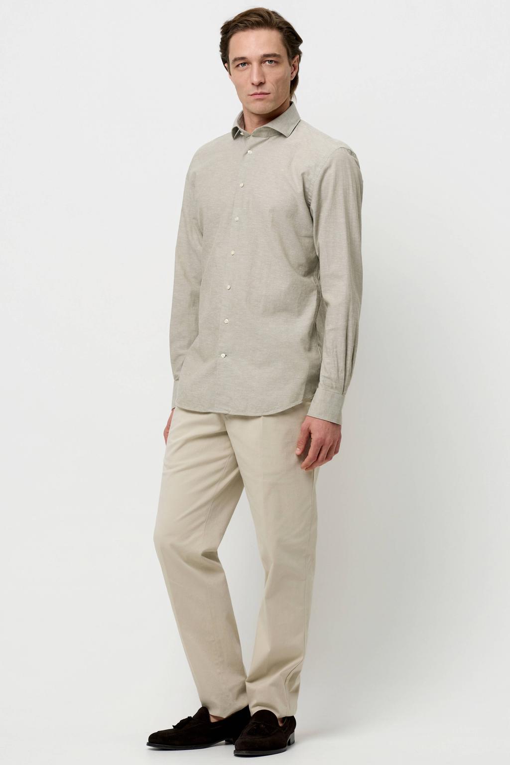 Groene heren Profuomo slim casual overhemd met effen, lange mouwen en klassieke kraag