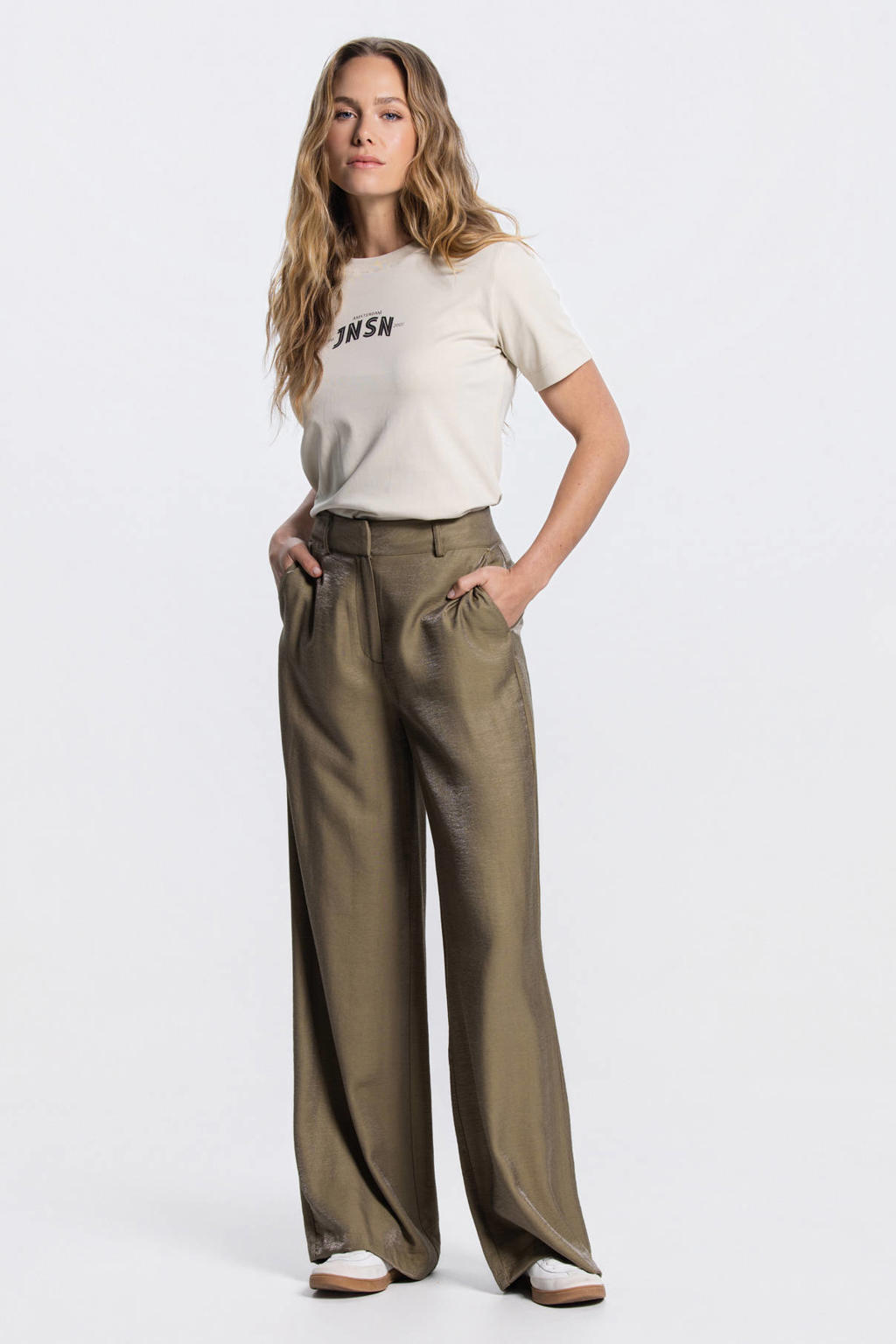 JANSEN Amsterdam wide leg high waist pantalon olijfgroen