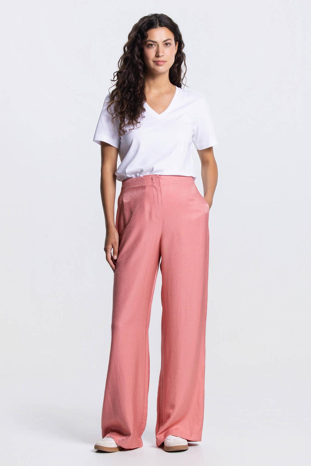 Oudroze dames JANSEN Amsterdam wide leg high waist broek van viscose met effen