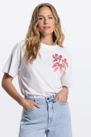 gebloemde T-shirt ecru