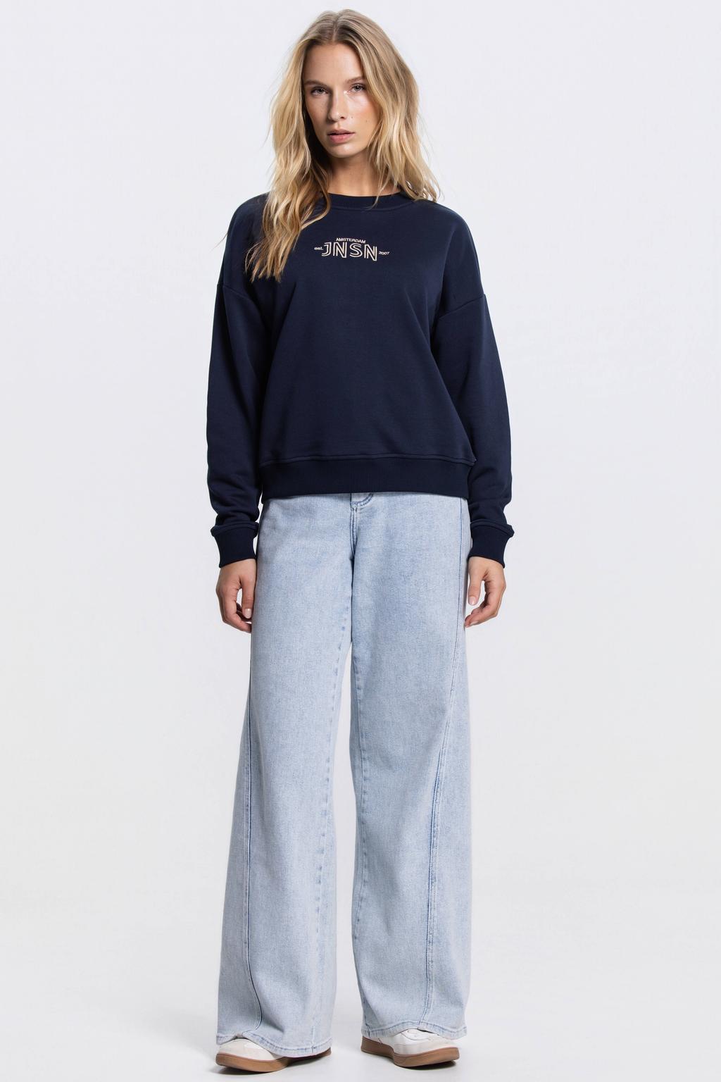 Donkerblauw en witte dames JANSEN Amsterdam sweater van katoen met logo dessin, lange mouwen en ronde hals