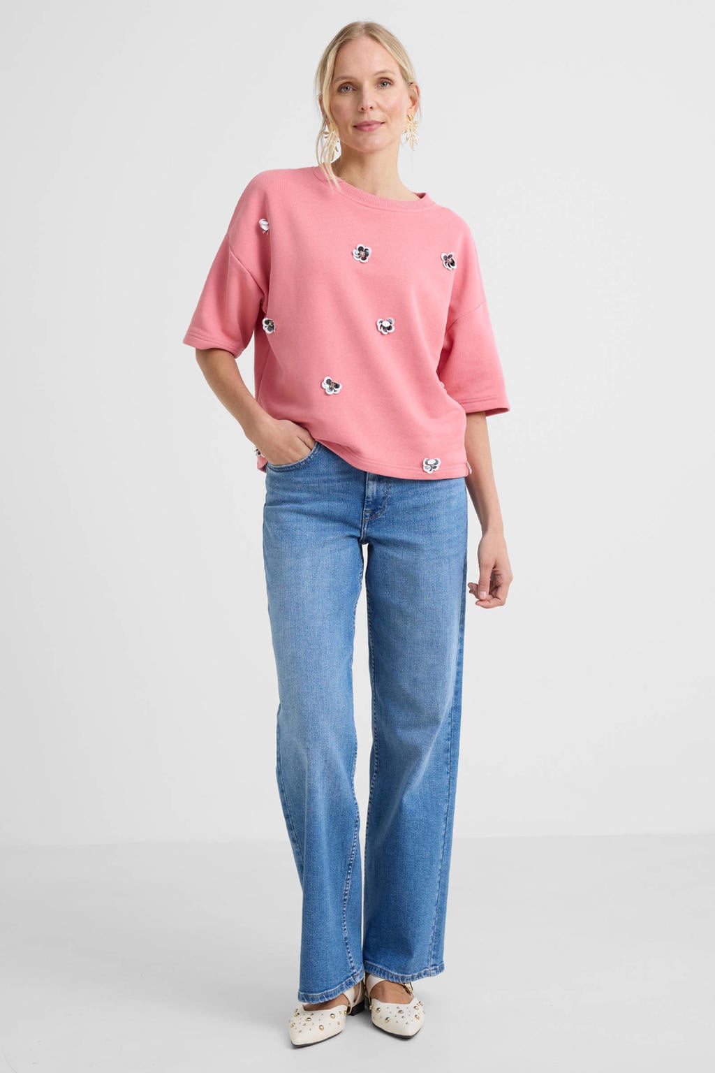 Roze dames JANSEN Amsterdam gebloemde sweater van katoen met korte mouwen, ronde hals en pailletten