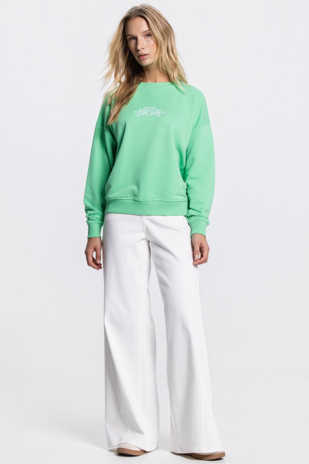 Groene dames JANSEN Amsterdam sweater van katoen met logo dessin, lange mouwen en ronde hals